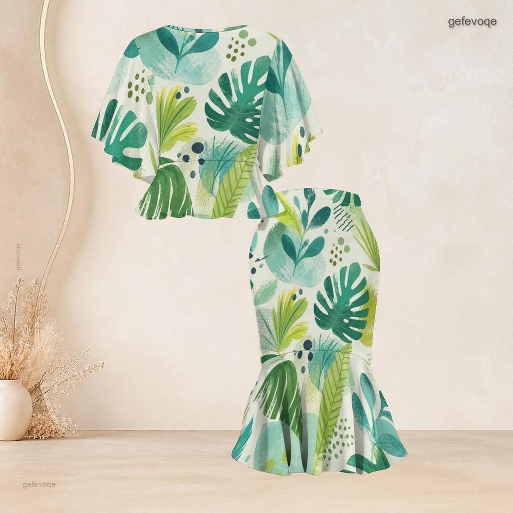 Women Plus Size Two Piece Set Round Neck Batwing Short Sleeve Tropical Leaf Printed Ruffle Hem Top Fishtail Skirt