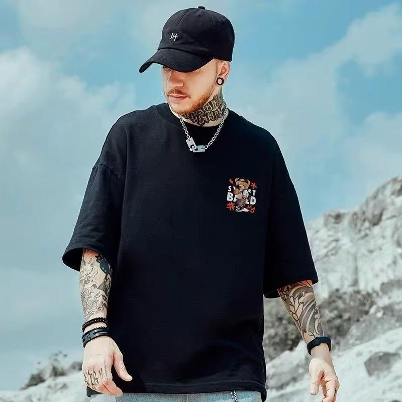 Men Casual T-shirt Teenager Student Tee American Vintage Cute Selfie Teddy Bear Print T-shirt Loose Large Size Large Top
