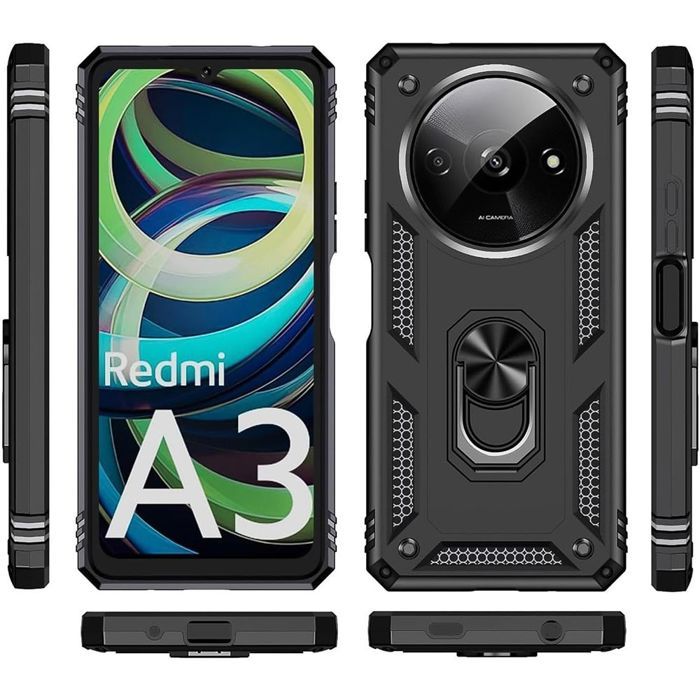 Coque de protection - E.F.CONNECTION - pour Xiaomi Redmi A3 - Antichoc - Anneau rotatif - Noir
