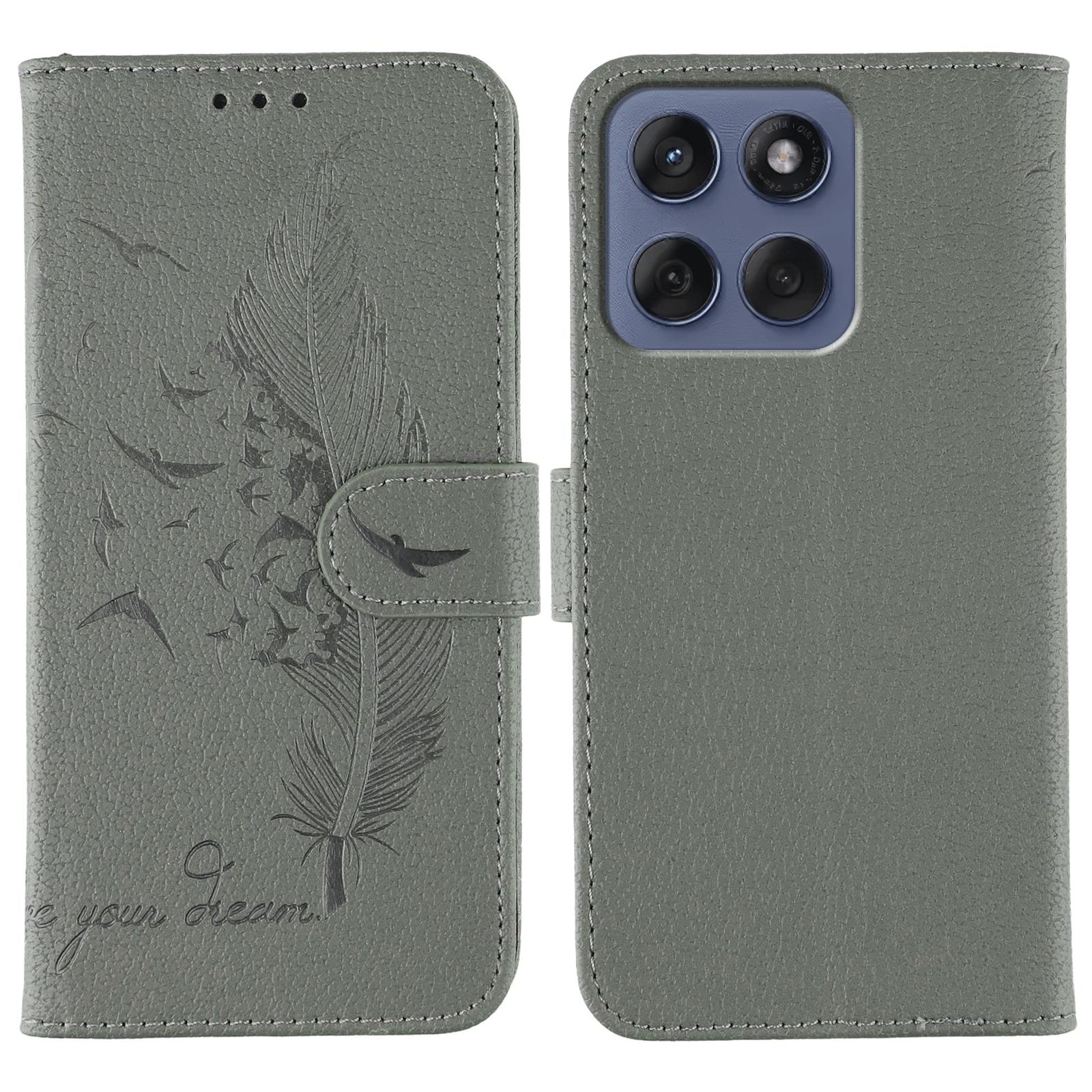 

For Motorola Edge 60 5G/60 Fusion 5G Case Feather Imprint PU Leather Wallet Phone Cover Grey
