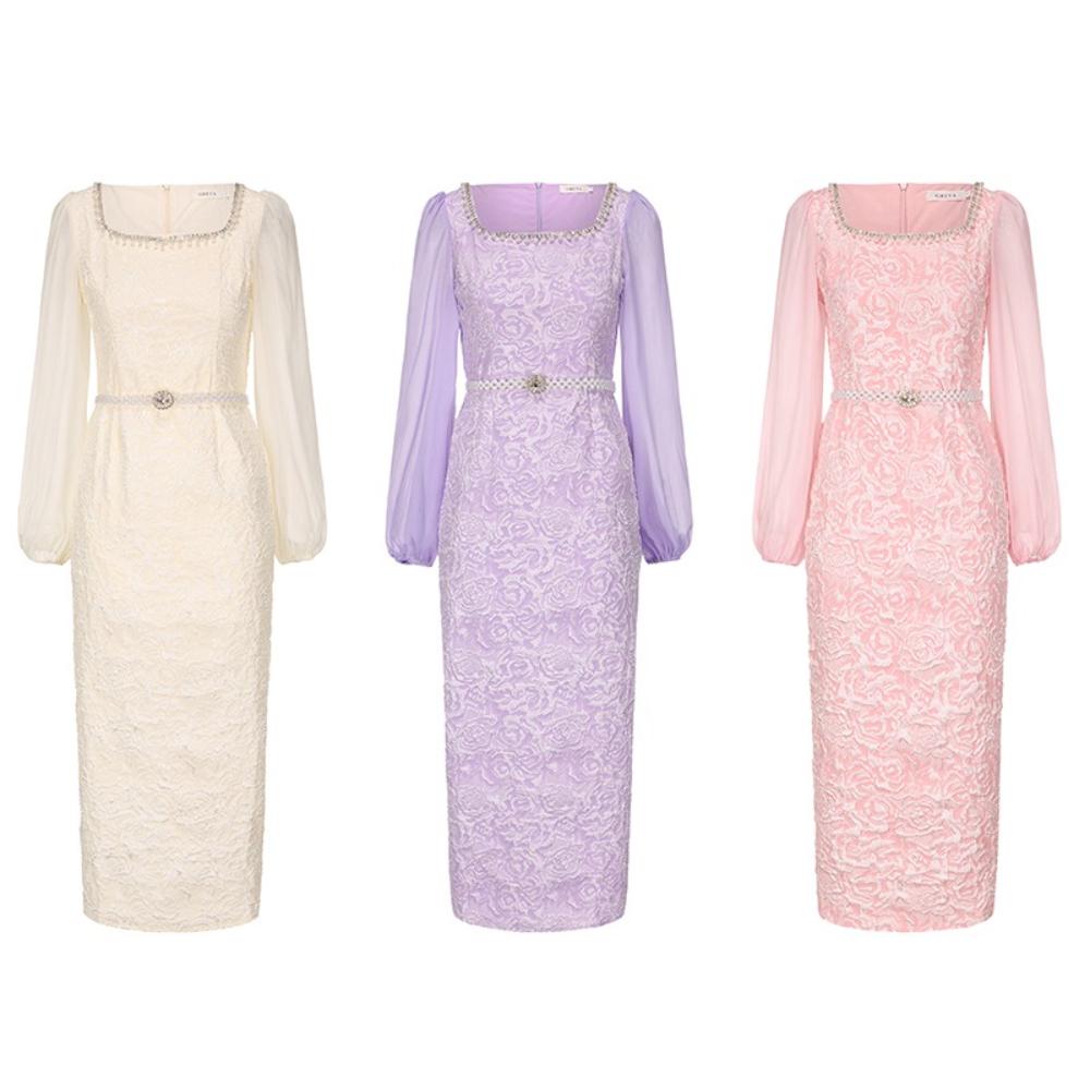 Elegant Summer Autumn Long Dress for Women Vintage Beaded  Formal Evening Jacquard Pencil Dresses