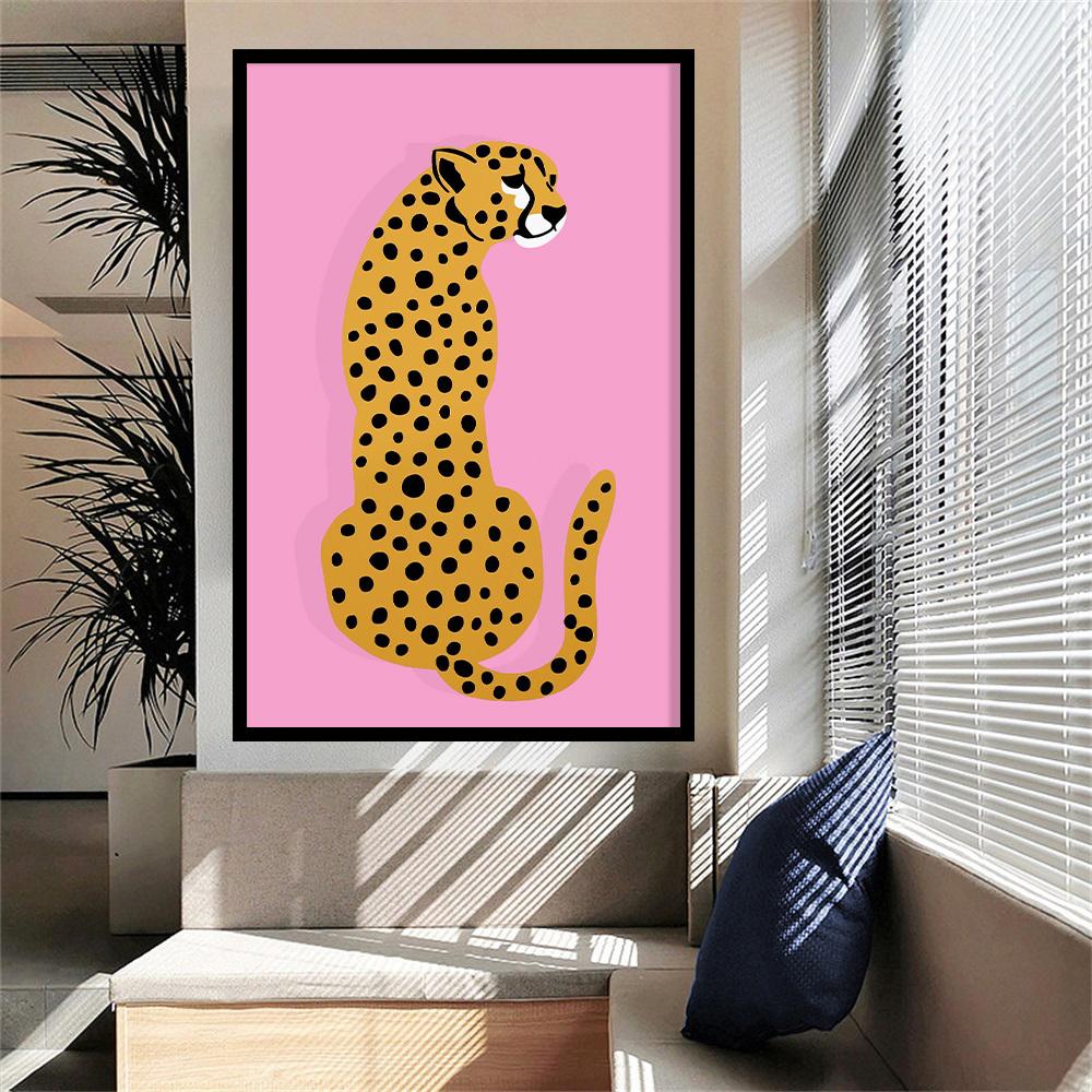 Animal Leopard Cartoon Portrait Poster Pink Print Oil Painting Wall Art Home Decoration Bedroom