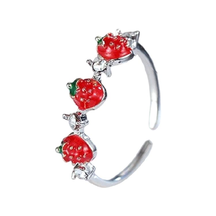Delicate Strawberry Inspired Adjustable Ring With Faceted Cubic Zirconia Stones Polished Copper Base Fashionable Everyday Accessory