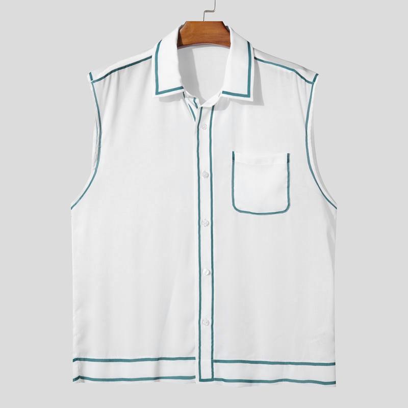 INCERUN Men Lapel Neck Sleeveless Buttons Up Stitching Semi-Sheer Casual Tank Tops
