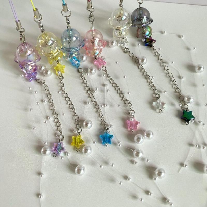 Unique Crystal Jellyfish Pendant Keychain Charming Star Pearl Mobile Phone Chain for Bags Backpack Star Phone Lanyard