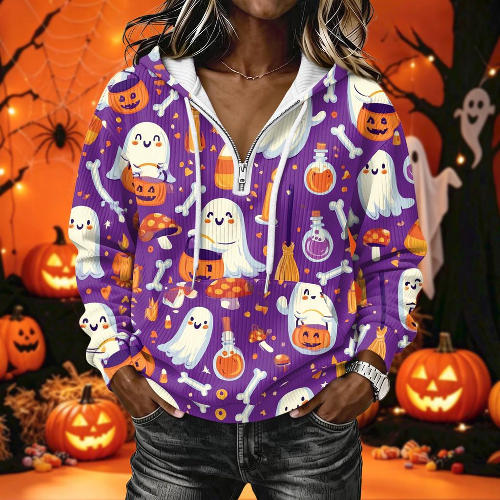 Women's Long Sleeve Pullover Hoodie with Halloween Print