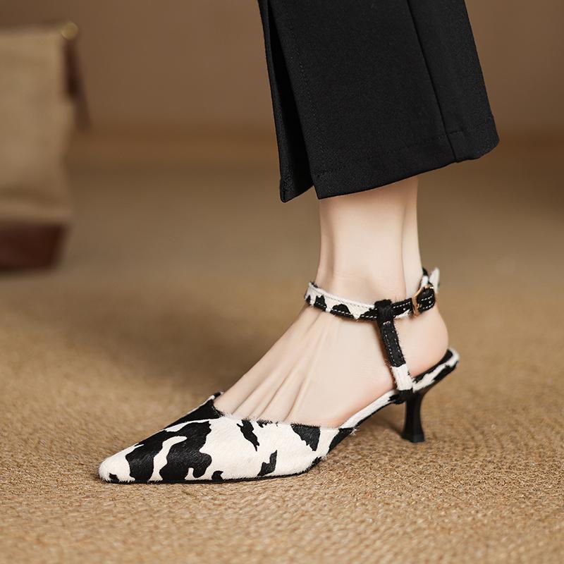 Fashion Ins Fashion New Women Horsehair Cow Pattern Kitten High Heels Party Wedding Shoes Woman Sexy Pointed Toe Slingback Pumps Sandals