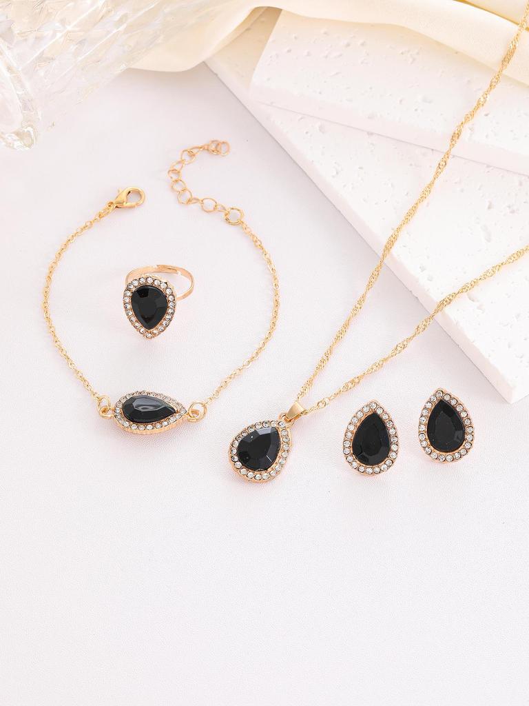 European & American Water Drop Diamond Bridal Jewelry Set (Necklace, Earrings, Ring)