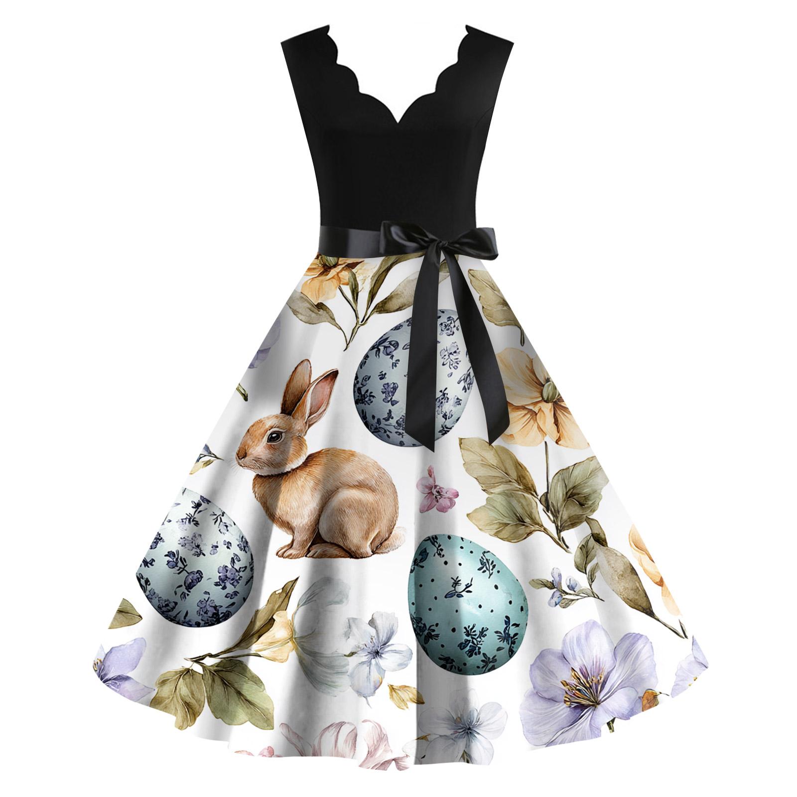 

Женское повседневное модное ретро-платье с V-образным вырезом и пасхальным принтом L бежевый