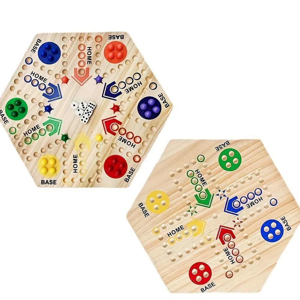 A High Quality Wooden Double Sided Board Game, Flying Chess Track Chessboard Party Game, for 4-6 Players, with 6 Colors 24 Marbles + 6 Dice