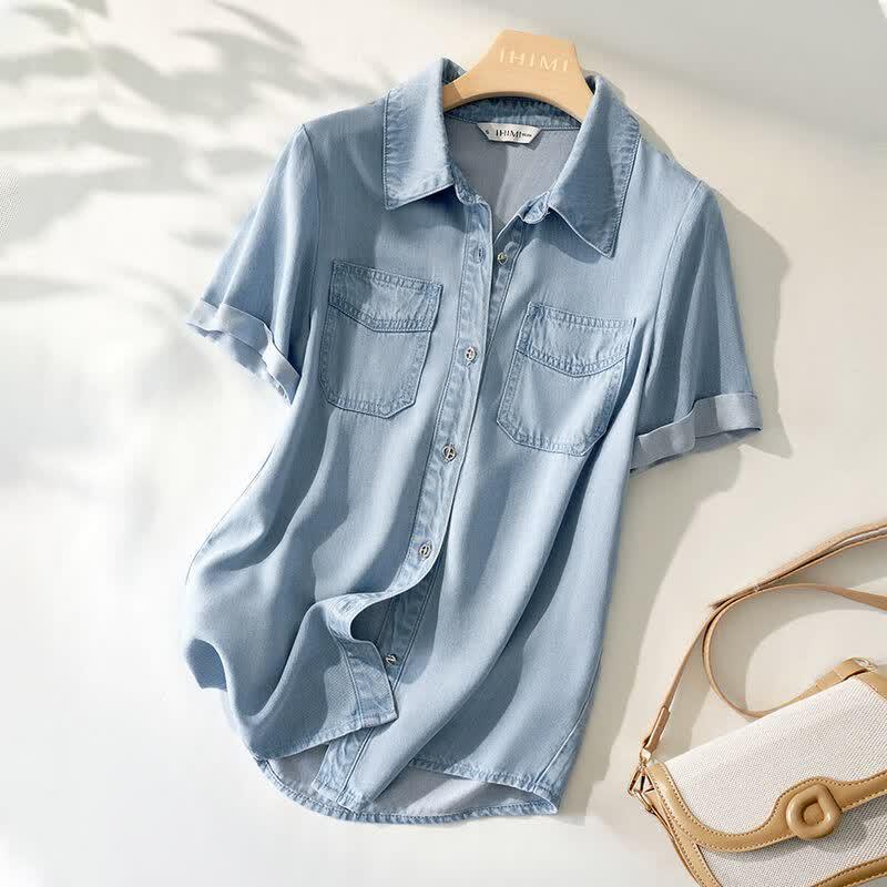 IHIMI Women s Slim Fit Tencel Denim Short-Sleeve Polo Shirt S