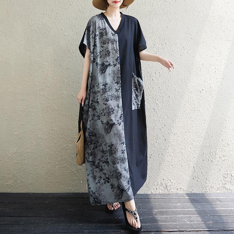 DIMANAF 2025 Women Plus Size V-Neck Summer Dress Printing Casual Basic Short Sleeve Dress Loose Long Dress