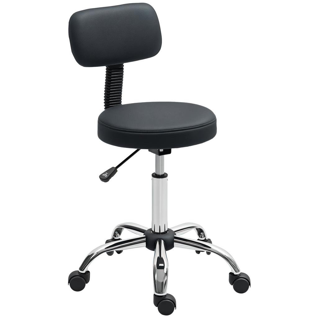 Rolling Stool, Height Adjustable, Backrest, Faux Leather, 46x51x78-93 cm, Black