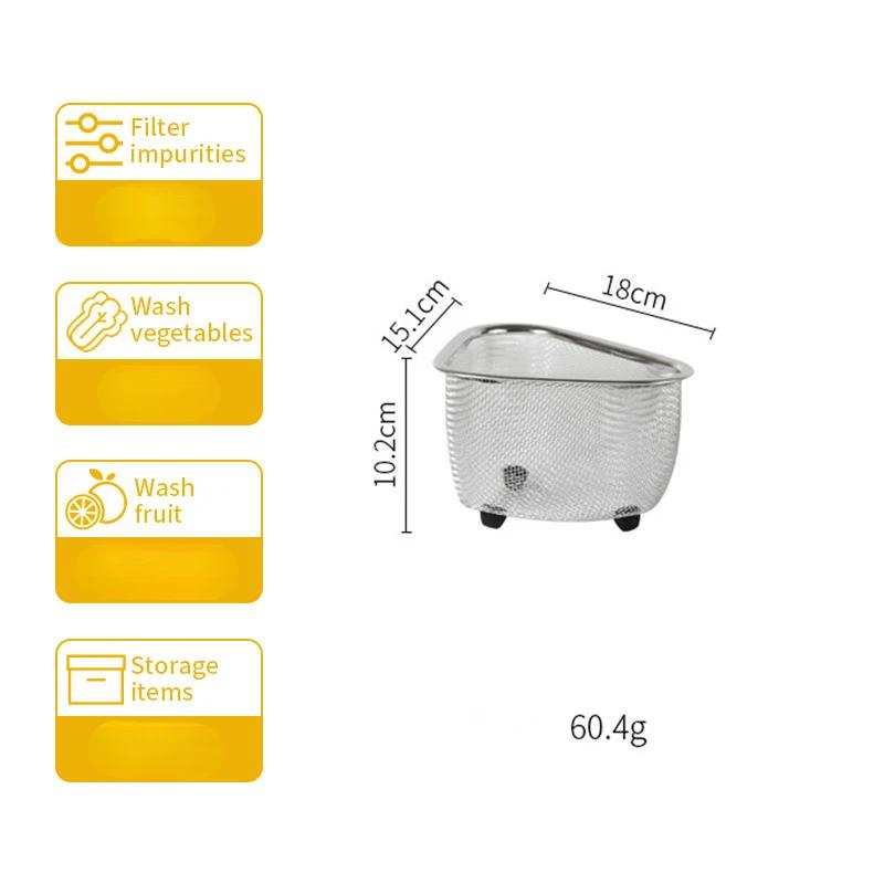 S/L Sink Drain Basket Stainless Steel Triangle Kitchen Residue Filter Net Wash Vegetable Basket Storage Shelf Household Tools