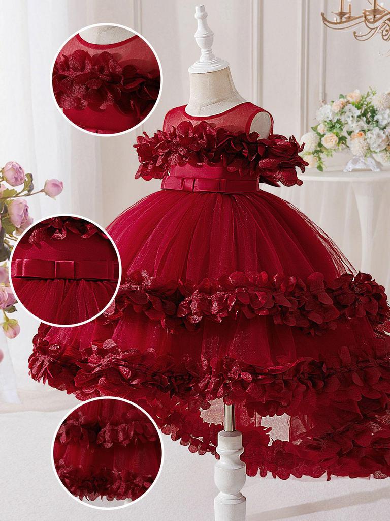 2026 Girls' Layered Flower Cake Dress: Birthday Mesh Princess Skirt, Fairy Lace Gown, Cotton