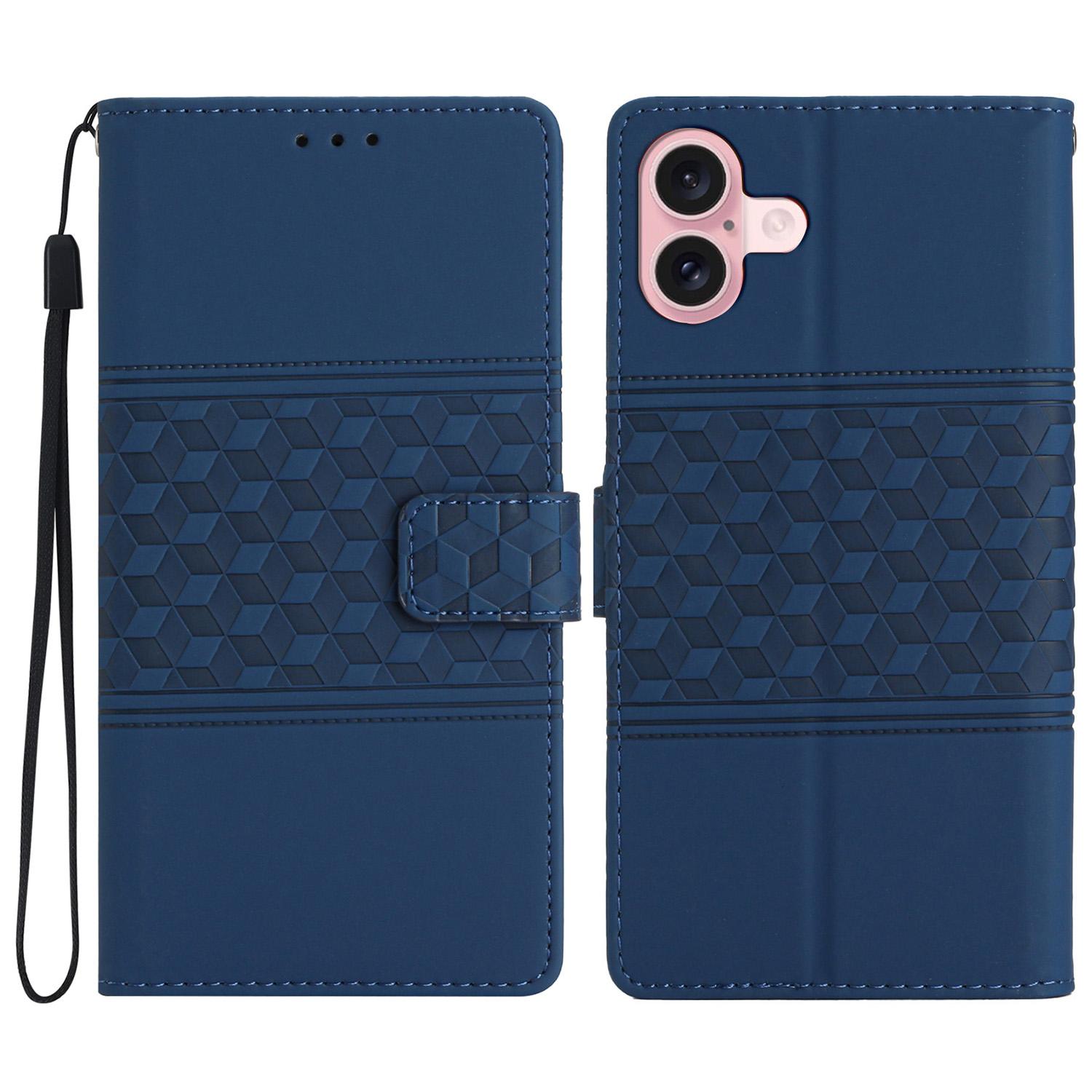 

For iPhone 17 Case Rhombus Leather Horizontal Flip Phone Cover with Wrist Strap Blue