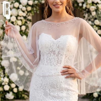 White Pearl & Rhinestone Sheer Tulle Cape Shrug, Boat Neck Irregular Mesh Shoulder Wrap Cover Up for Strapless Lace Wedding Bridal Gown Photoshoot