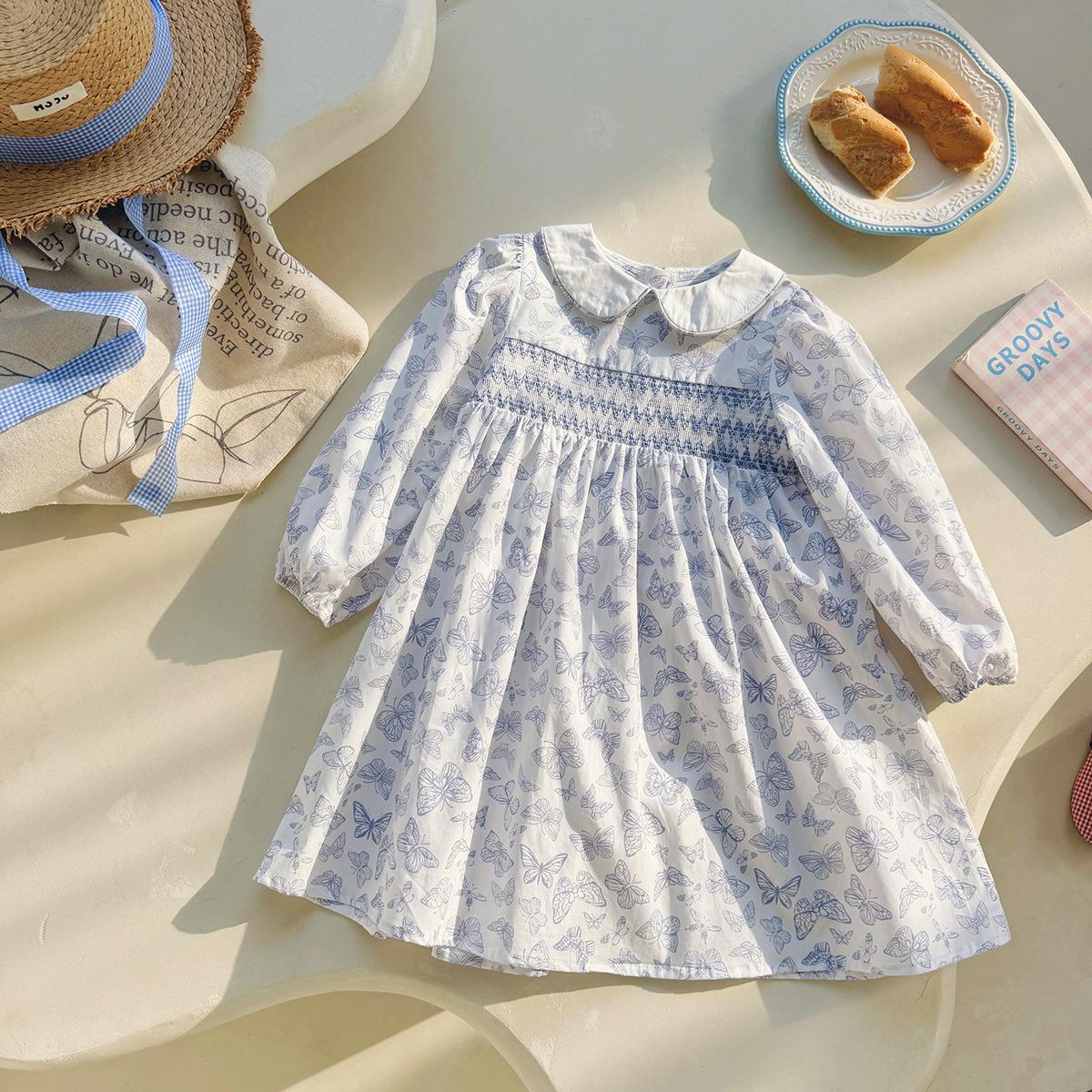 Spring Girls Butterfly Print Long Sleeve Dress Peter Pan Collar Shirred Elegant Kids Clothing 90cm