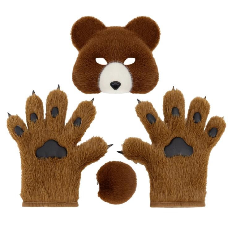 3Pcs Animal Bear Costumes Accessories Bear Mask,Bear Tail, Bears Paws Gloves for Kids Halloween Cosplay Party Props