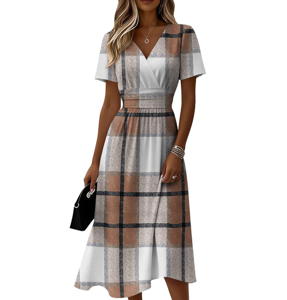 Vestito da donna a quadri casual alla moda a maniche corte con scollo a V