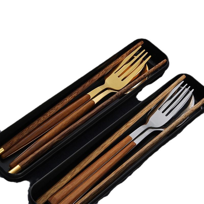 Chopsticks spoon set, one chopstick per person, portable tableware, student storage box, fork, single wooden chopsticks three-piece set