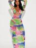 Women's Swimsuit Long Sleeve Tie Dye Three Piece Sexy Halter Neck Bikini Split Suit Beach Wear
