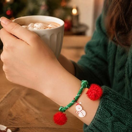Charming Christmas Stocking Stuffer Bracelets, Red Green String Bracelet, Adjustable Rope Bracelet with Holiday Party Jewelry Charm And Tinsel