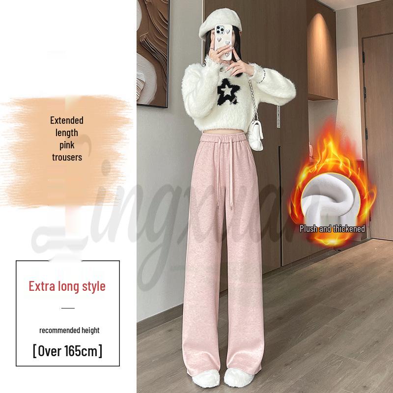 2026 Fall/Winter Off-White High-Waisted Cashmere Wide-Leg Pants with Velvet, Casual Floor-Length for Women