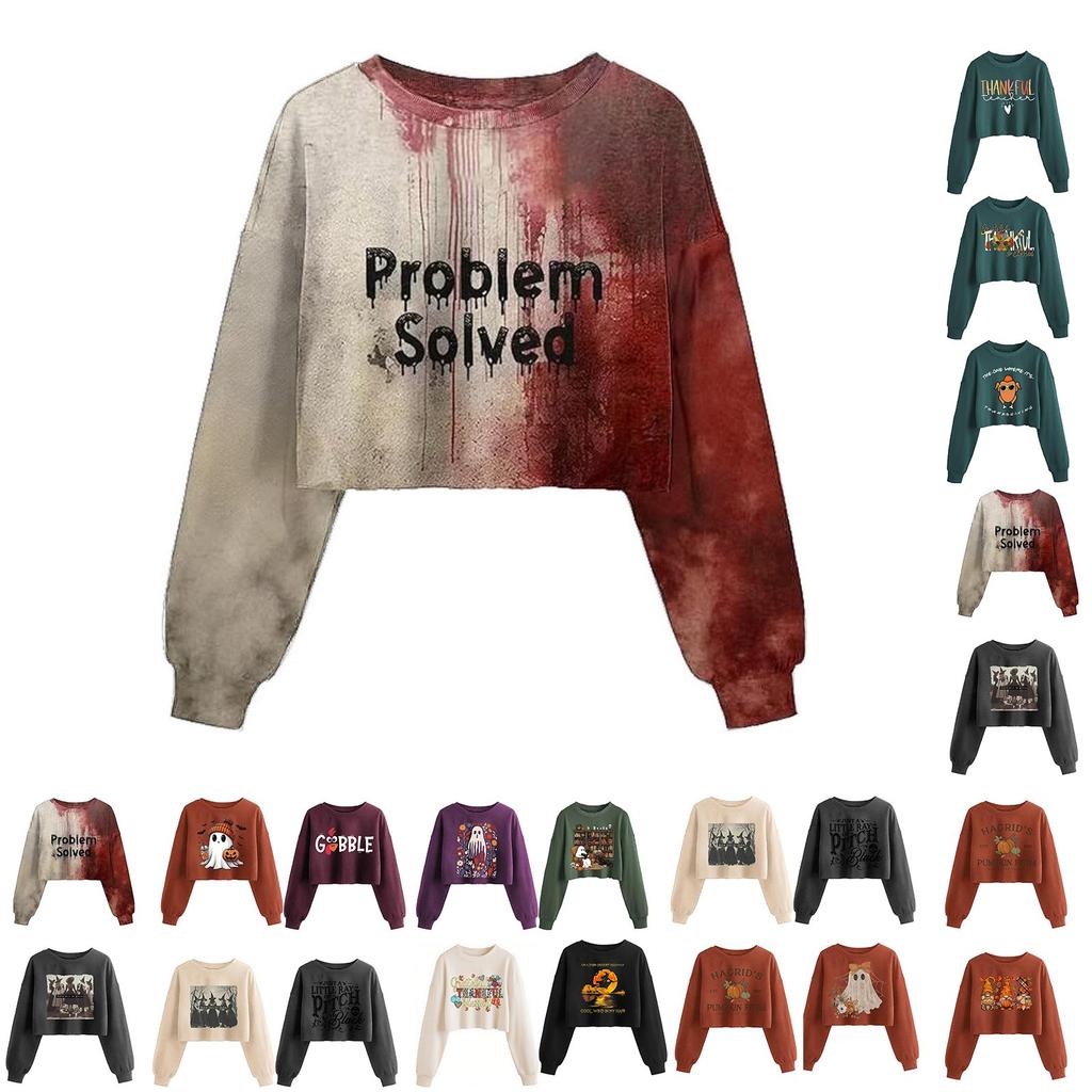 Women's Crop Sweatshirt Fall Halloween Long Sleeve Pullover Sweatshirt