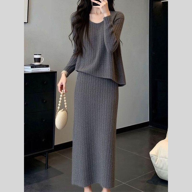 2026 Elegant Grey Knit Two-Piece Set: Lazy Style Top & Skirt for Women