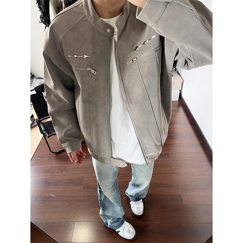 

Men s High-End Scruffy Cool Matte Tie-Dye Leather Jacket - Autumn Motorcycle Pilot Stand Collar Baseball Jacket L сірий колір