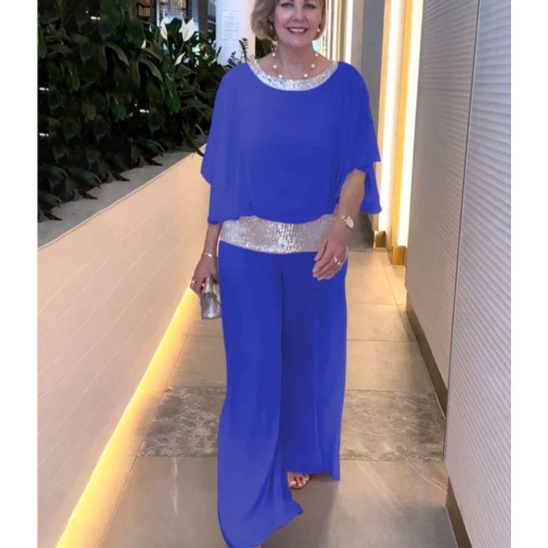 

Bat Bat Shirt Set European and American New Women round Neck Sequined Color Matching Batwing Shirt Wide Leg Trousers Set Blue XXL