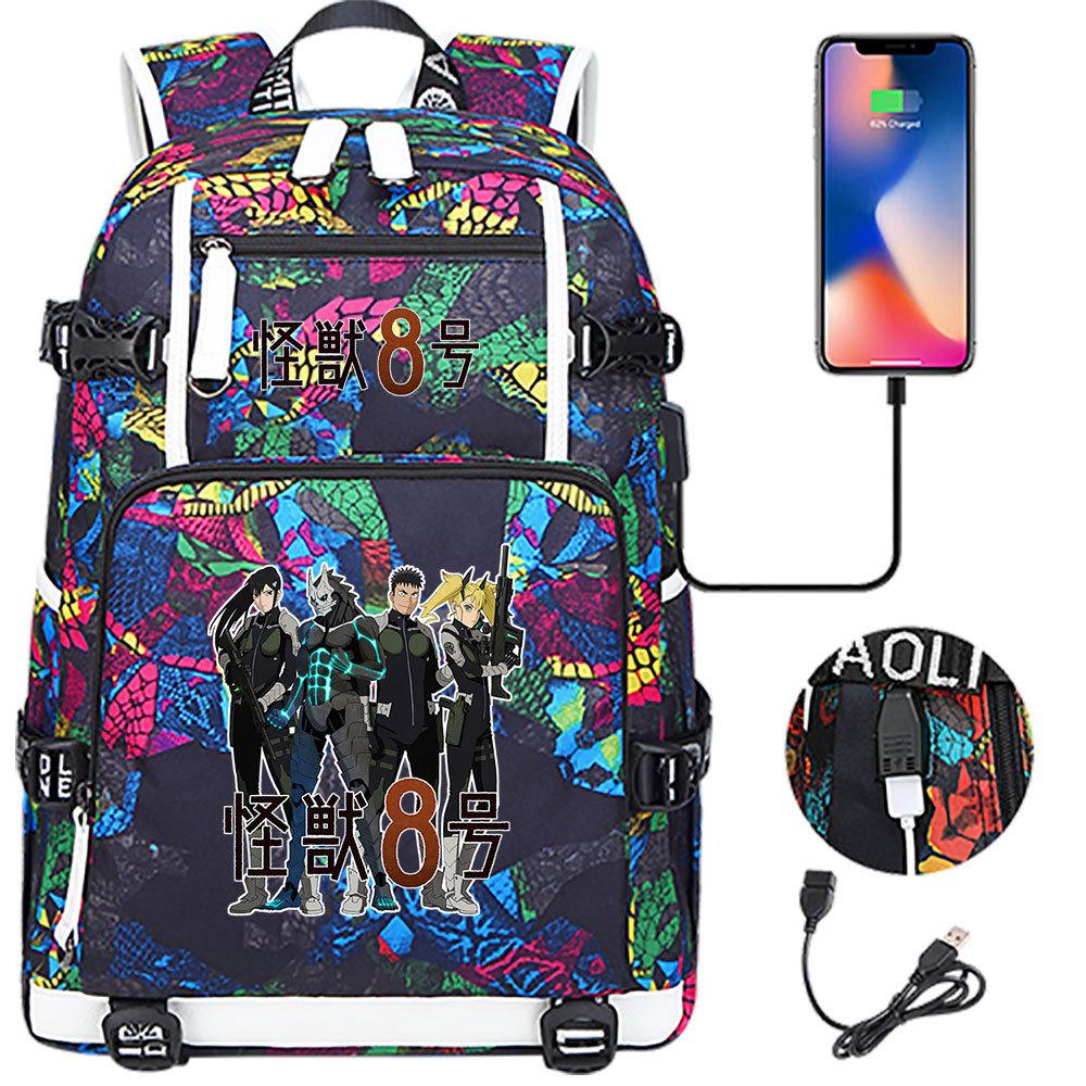 Kaiju No. 8 Printed USB Port Backpack Youth Student School Bag Large Capacity Travel Daypack