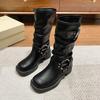Modische Schnalle Motorradstiefel Damen Runde Spitze Mittlerer Absatz Knöchelhohe Stiefel Quadratischer Absatz Herbst Plateau-Schuhe