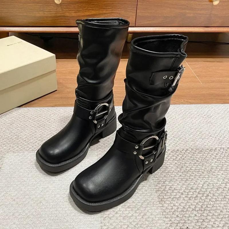 Modische Schnalle Motorradstiefel Damen Runde Spitze Mittlerer Absatz Knöchelhohe Stiefel Quadratischer Absatz Herbst Plateau-Schuhe