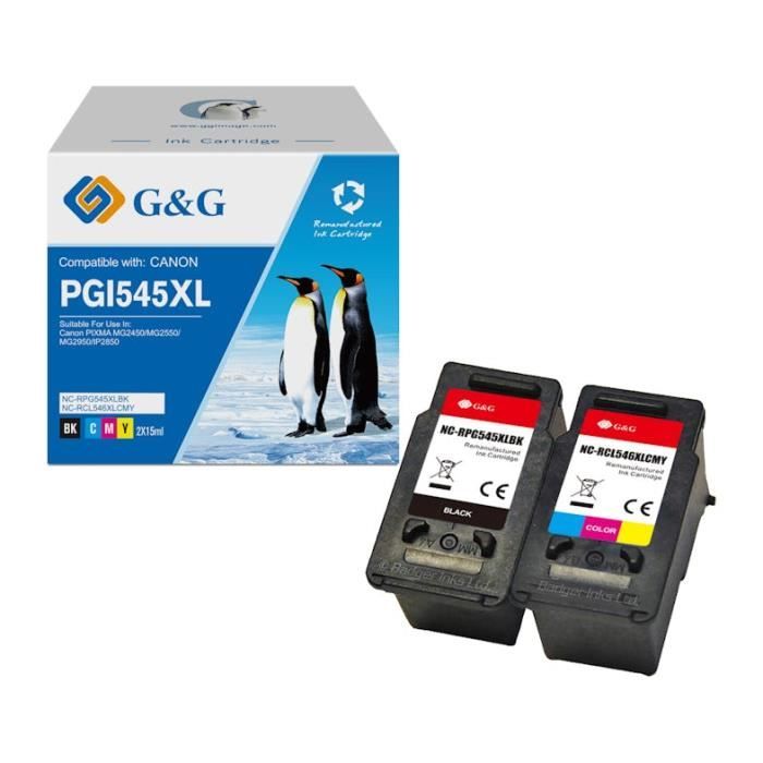 G&G 545 546 XL- 2 cartouches d'encre compatibles avec Canon PG545 PG-545 XL CL546 CL-546XL