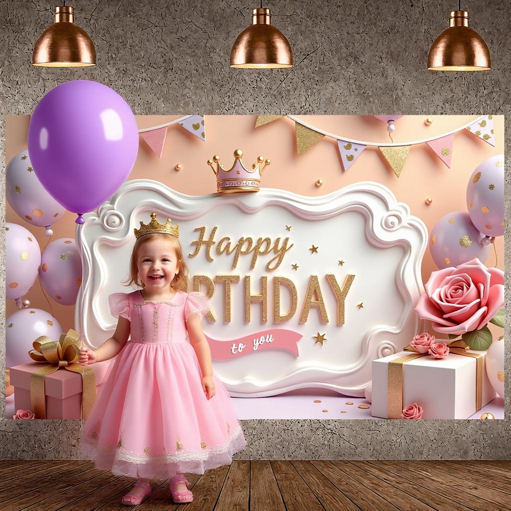 Princess Birthday Display Gift Box Design Pink Party Backdrop Royal Celebration Background Purple Balloon Birthday Decor Banner