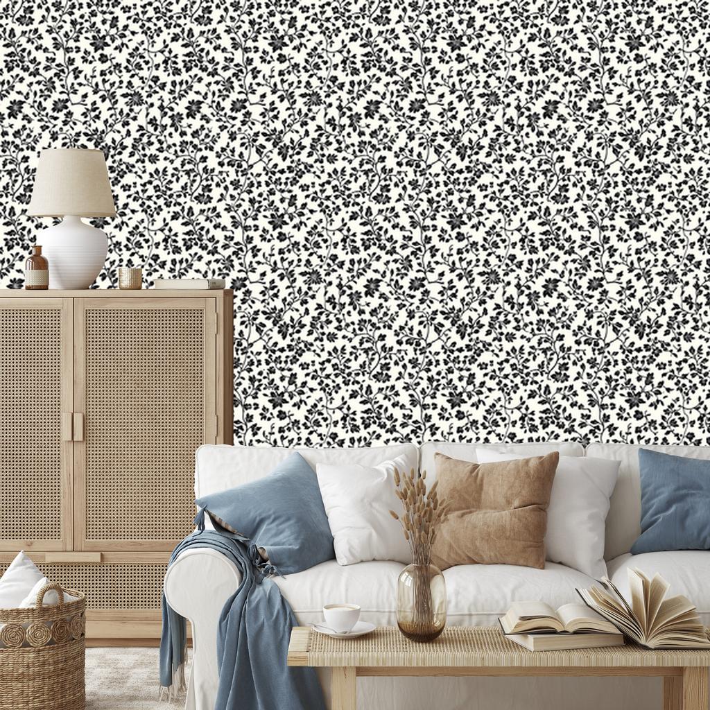 Wallpaper Black and white flowers gray, soft shapes 50x1000