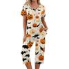 Conjuntos de 2 piezas para mujer Top de manga corta y pantalones con bolsillos Conjuntos suaves de entrenamiento con estampado de Halloween