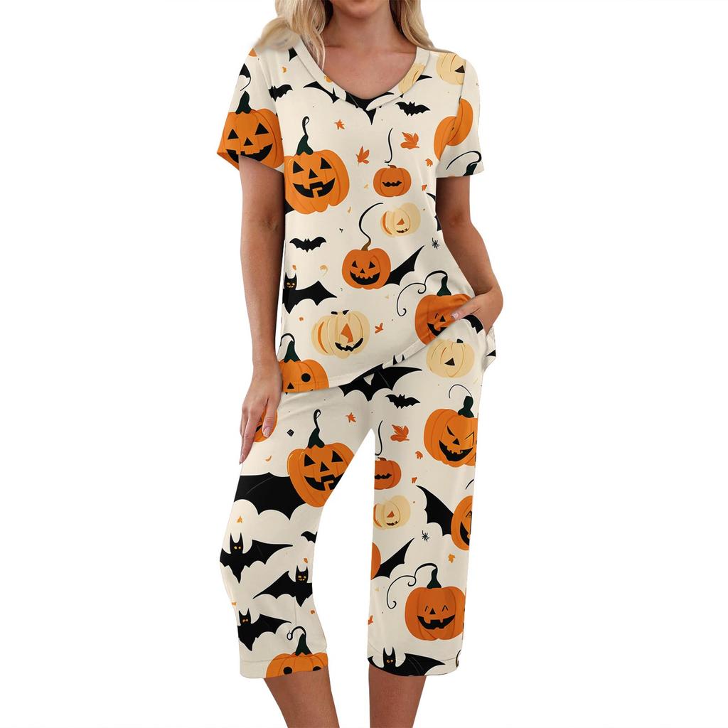 Conjuntos de 2 piezas para mujer Top de manga corta y pantalones con bolsillos Conjuntos suaves de entrenamiento con estampado de Halloween