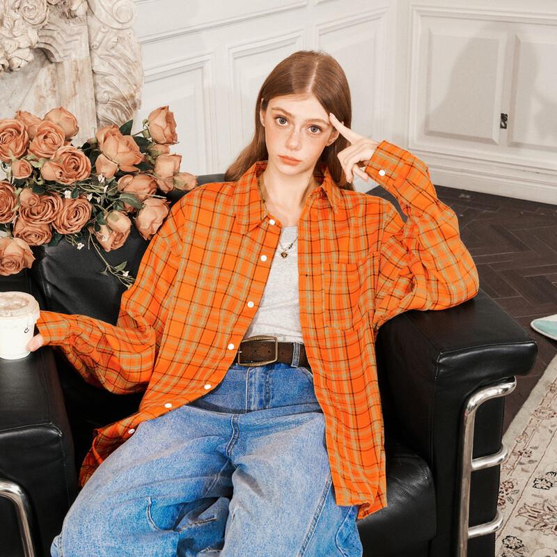 

BEETLE TOWN Women s Dopamine Plaid Long Sleeve Loose Shirt M