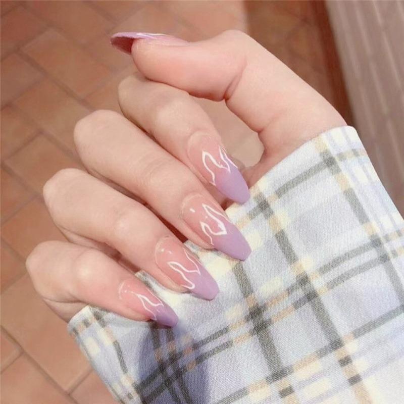 24pcs/set Reusable Flame Fake Nails Acrylic Coffin Ballerina Blue Pink Purple Silver Fire Full Cover False Nails Nail Tips Nail Art Tools