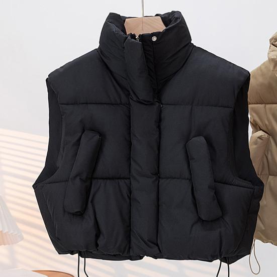Women's Thick Warm Vest Autumn Winter Zipper Closure Loose Jacket with Pockets Windproof Stand-Up Collar Gilet for Daily Wear Dating Street Office