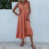 Summer Women Dress Sleeveless V Neck A-Line Knee-Length Solid Color
