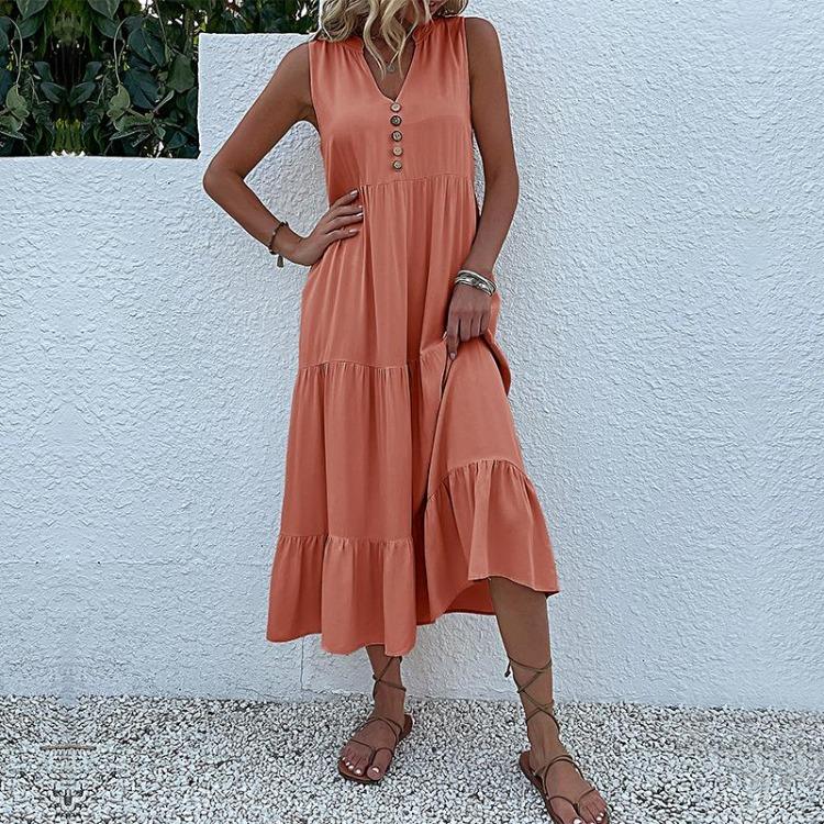 Summer Women Dress Sleeveless V Neck A-Line Knee-Length Solid Color