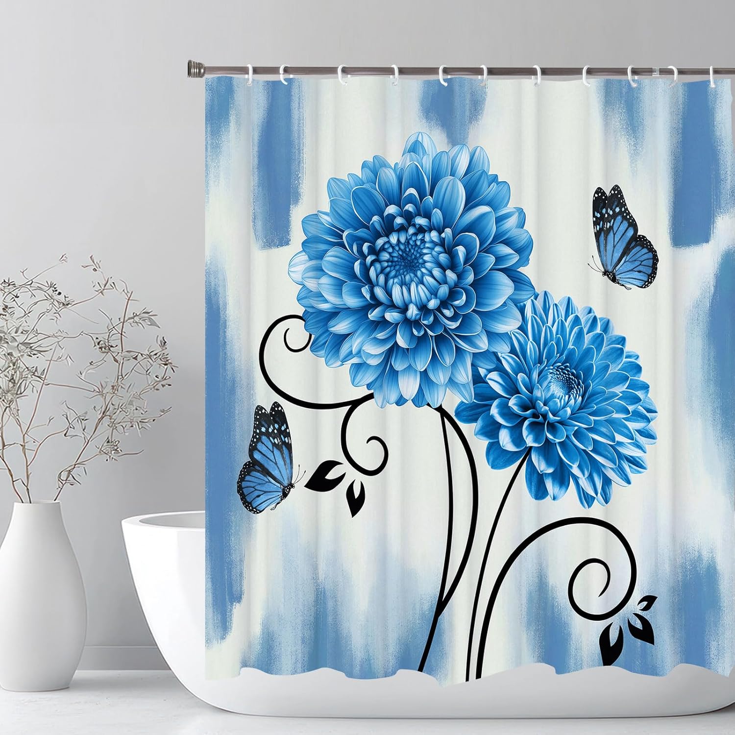 

Blue Dahlia Floral Shower Curtain With Abstract Boho Pattern, Waterproof Bathroom Decor Set For Modern Bathtub W60H190(CM)-1 Pcs