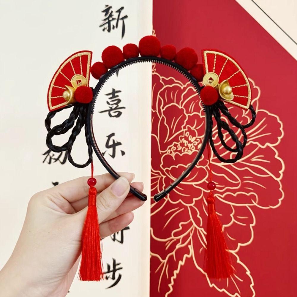 Braid Hair Children Wig Headband Flower Red Bow Hairband Cute Chinese New Year Headwear Girls
