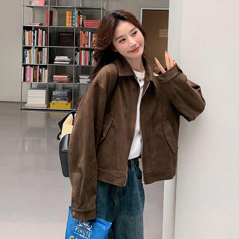 Vintage Brown Suede Moto Jacket Women Short Style Trendy Coat