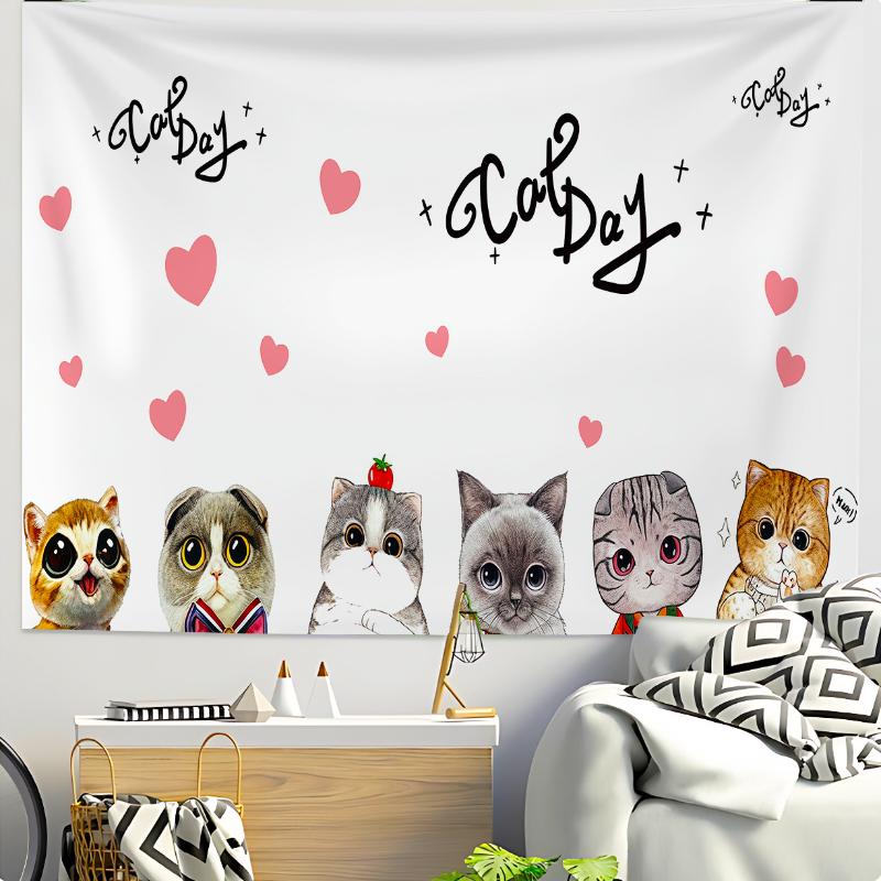 Cute Cat Bear Tapestry Kawaii Aesthetic Wall Hanging for Bedroom Living Room Dorm Minimalist Kids Home Decor