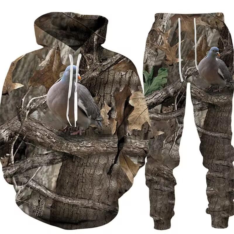 Men Camouflage 3D Print Hooded Cycling Jersey 2Pcs Tracksuit Outdoor Sports Set